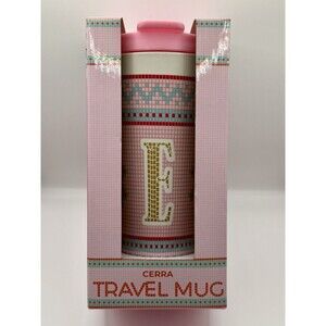 Cerra Monogram E Christmas Travel Mug 18 oz Pink Ceramic Snowflake Holiday New